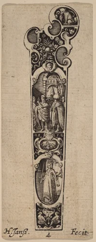 Handle for Knife or Fork, Ornamented with Figures by Hans Janssen, print, 1605-1685