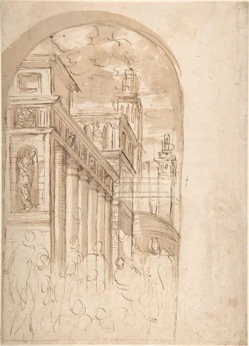 Figures Gathered Before a Group of Buildings, One with a Colonnade (recto); Corner View of a Building all'antica (verso) by anonymous, drawing, 1600-1700