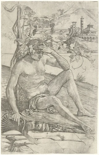 Dronken Bacchus zit bij wijnstok met wijnkruik by Girolamo Mocetto, print, 1495-1510