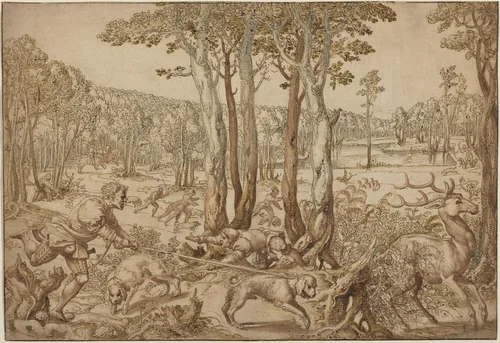 The Hunts of Maximilian: The Stag Hunt (August) by Bernard van Orley, drawing, 1528-1530