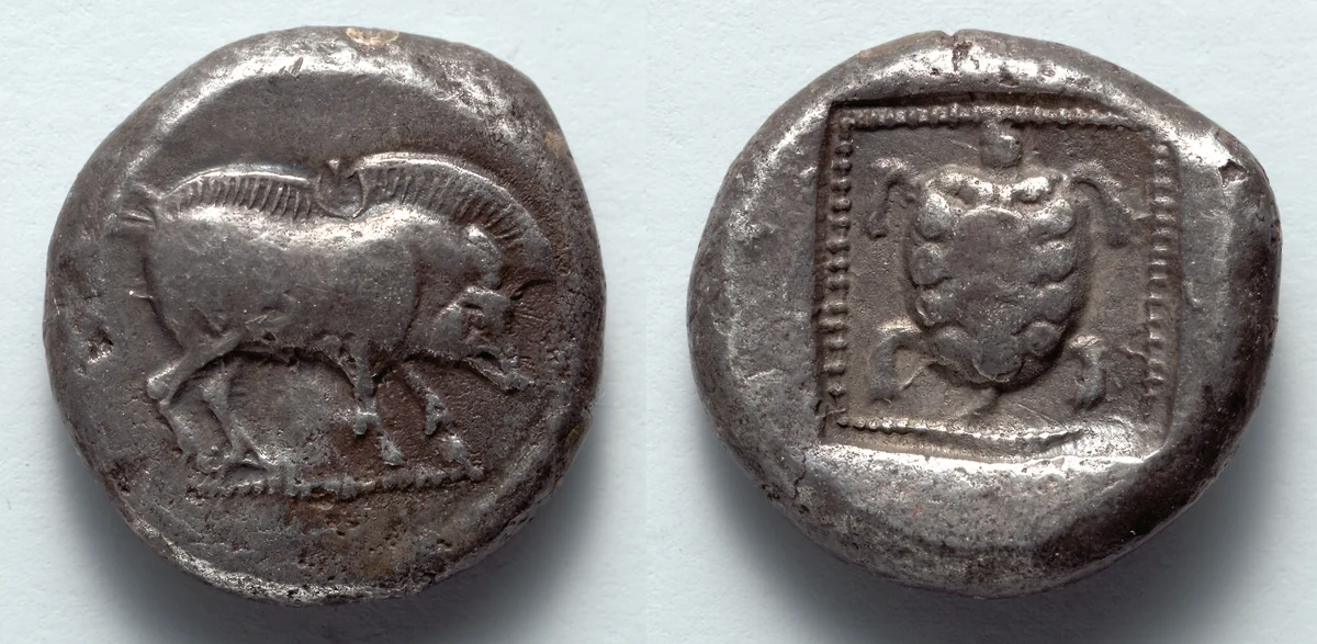Stater: Boar (obverse); Tortoise (reverse) by Unknown, metalwork, -500--460