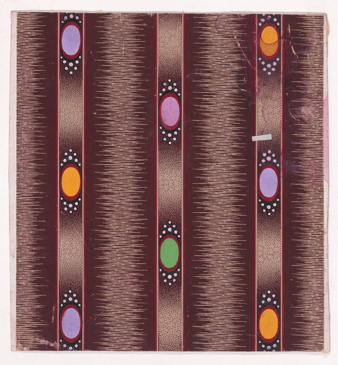 Textile Design with Vertical Stripes of Ribbon Decorated with Ovals Flanked by Pearls over a Glitched Background by anonymous, drawing, 1840