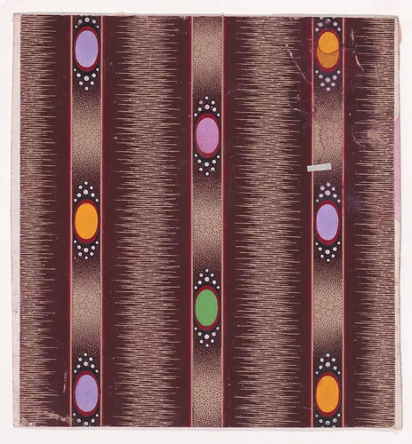 Textile Design with Vertical Stripes of Ribbon Decorated with Ovals Flanked by Pearls over a Glitched Background by anonymous, drawing, 1840