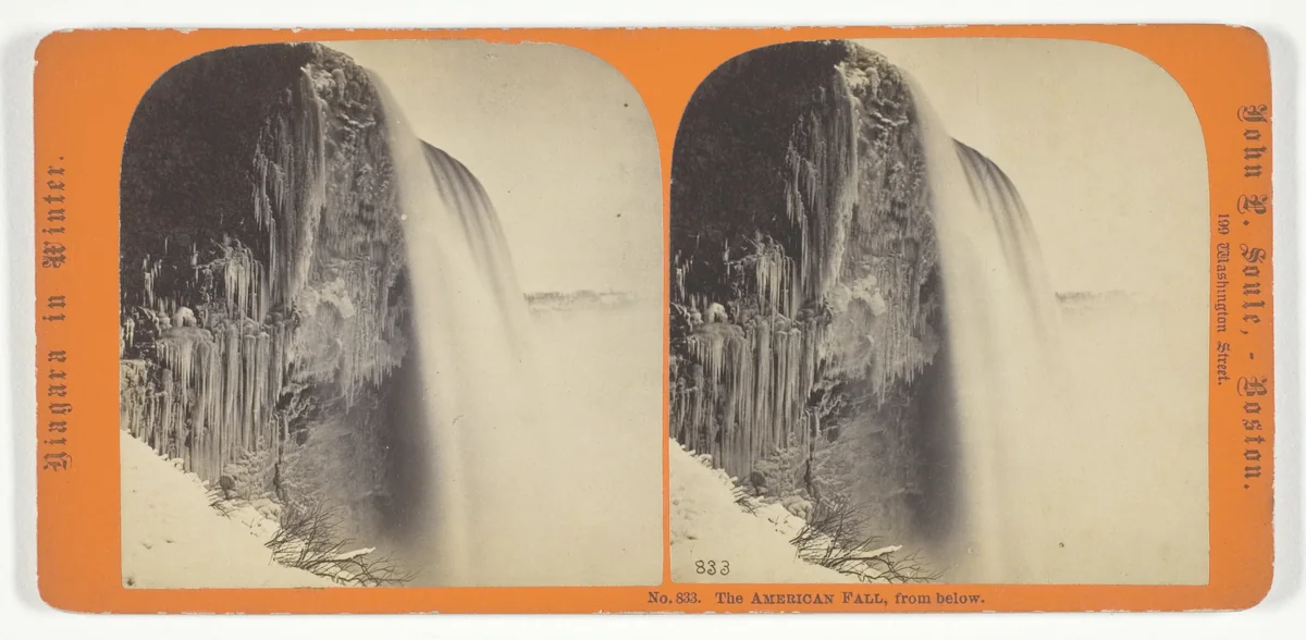 The American Fall, from below, No. 833 from the series "Niagara in Winter" by John P. Soule, photograph, 1861-1888