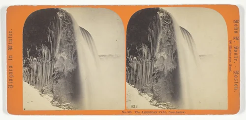 The American Fall, from below, No. 833 from the series "Niagara in Winter" by John P. Soule, photograph, 1861-1888
