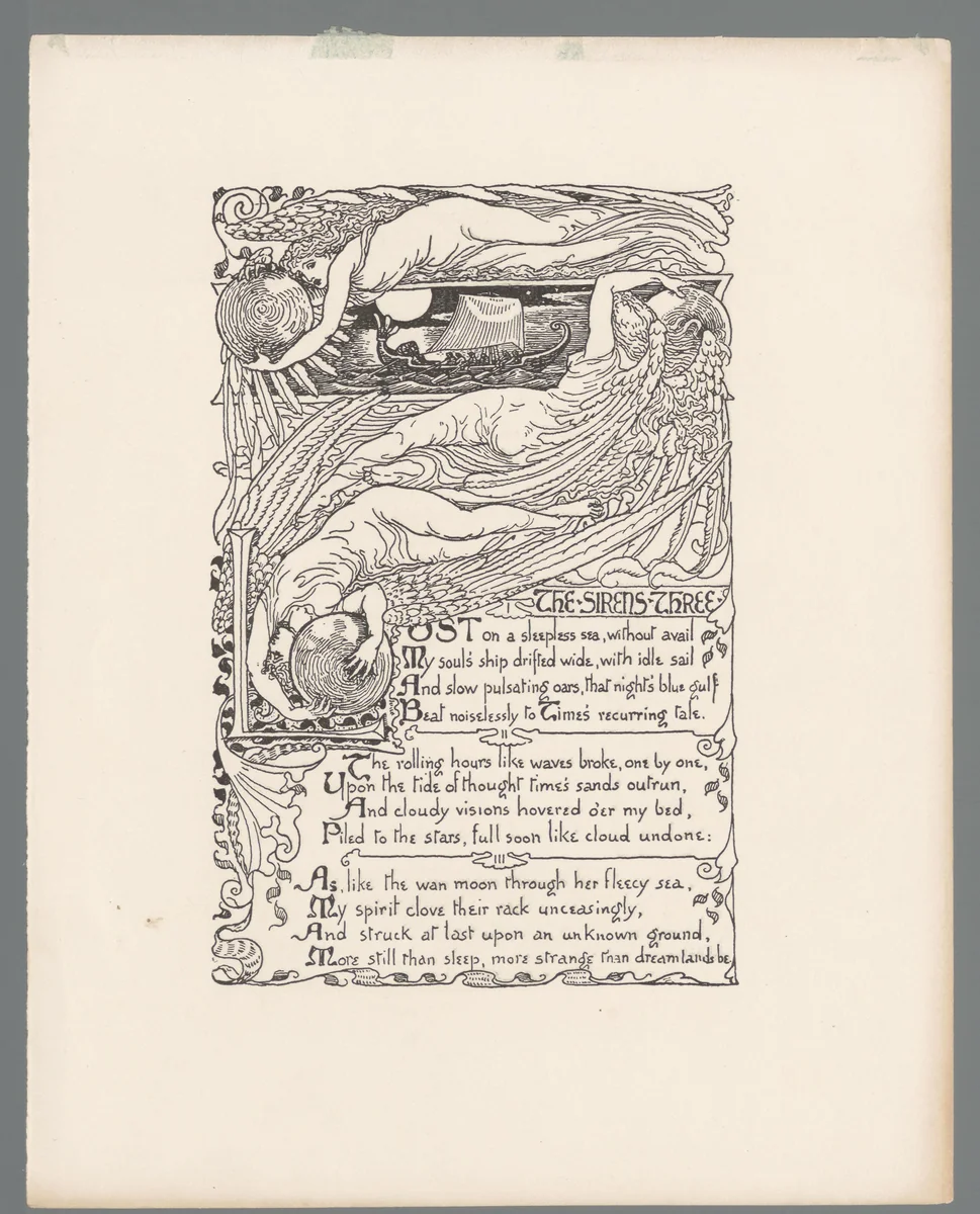 Cartouche met drie figuren en een roeiboot by Walter Crane, print, 1886