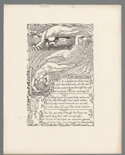 Cartouche met drie figuren en een roeiboot by Walter Crane, print, 1886