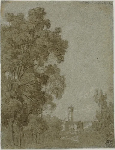 Roman Landscape with View of Church by Gaspard Dughet, drawing, 1635-1675