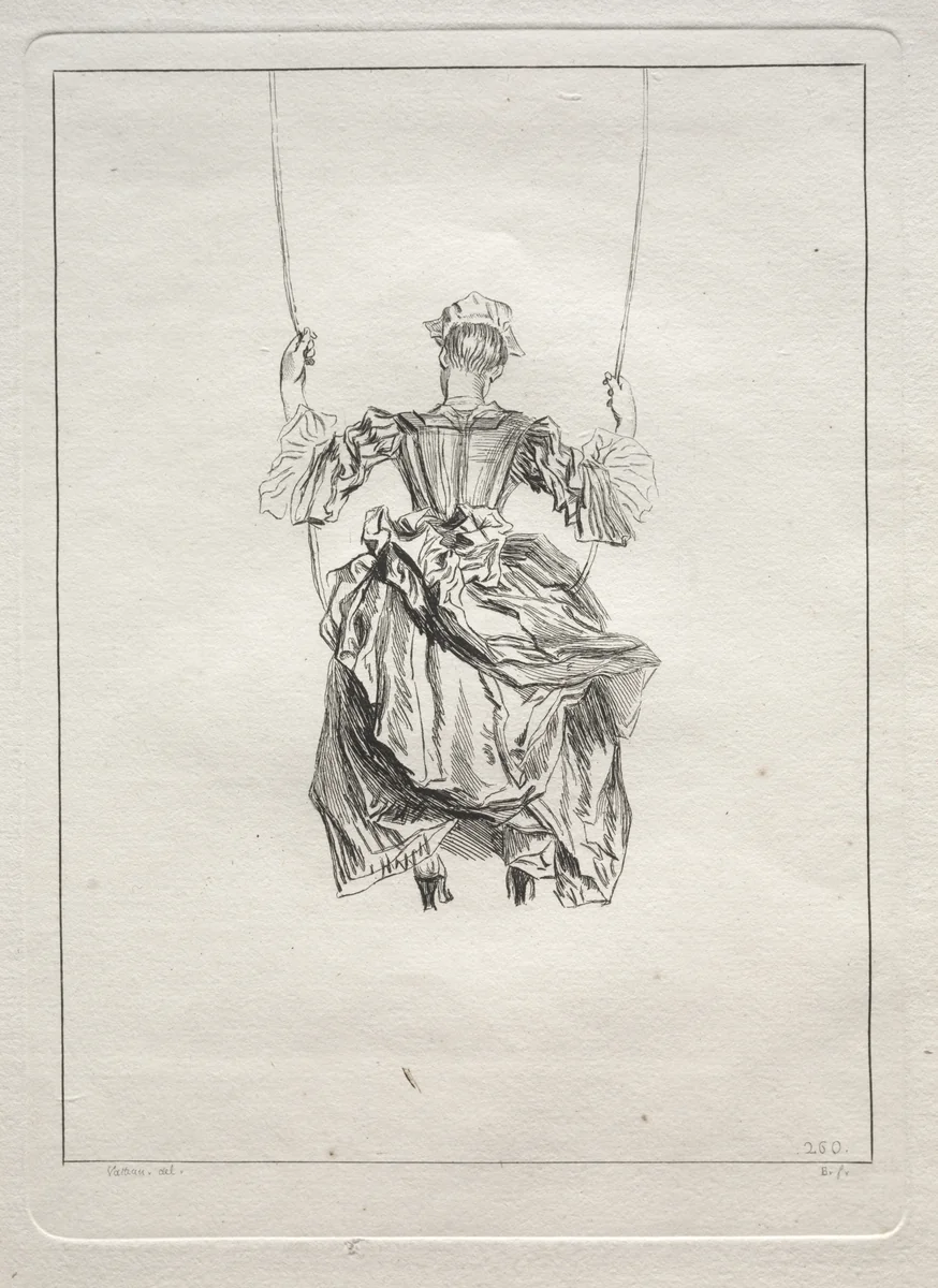 Woman on a Swing, Viewed From Behind by François Boucher, print, 1721-1728