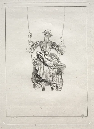 Woman on a Swing, Viewed From Behind by François Boucher, print, 1721-1728