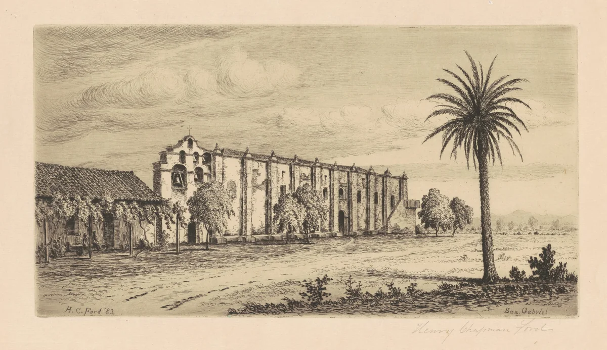 Mission San Gabriel Arcángel by Henry Chapman Ford, print, 1883