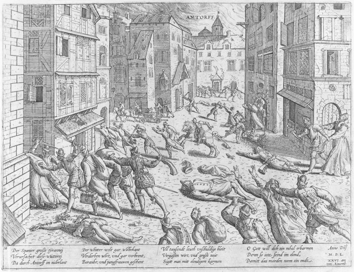 The Sack of Antwerp from Events in the History of the Netherlands, France, Germany and England between 1533 and 1608 by Frans Hogenberg, book, 1555-1590