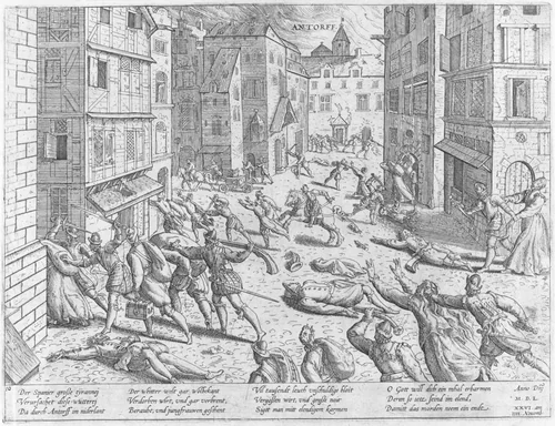 The Sack of Antwerp from Events in the History of the Netherlands, France, Germany and England between 1533 and 1608 by Frans Hogenberg, book, 1555-1590