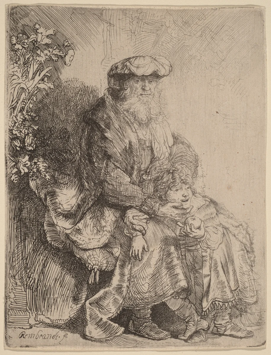 Abraham Caressing Isaac by Rembrandt van Rijn, print, 1637