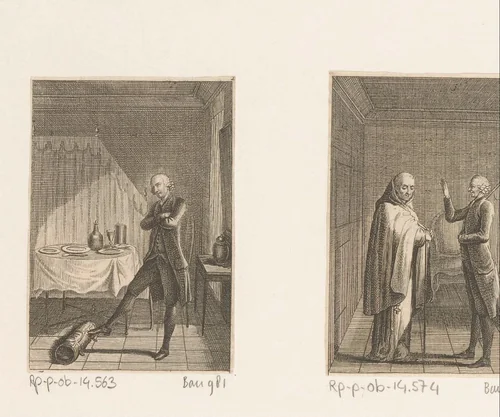 Yorick overdenkt het leven terwijl hij zijn bagage rond rolt by Daniel Nikolaus Chodowiecki, print, 1783