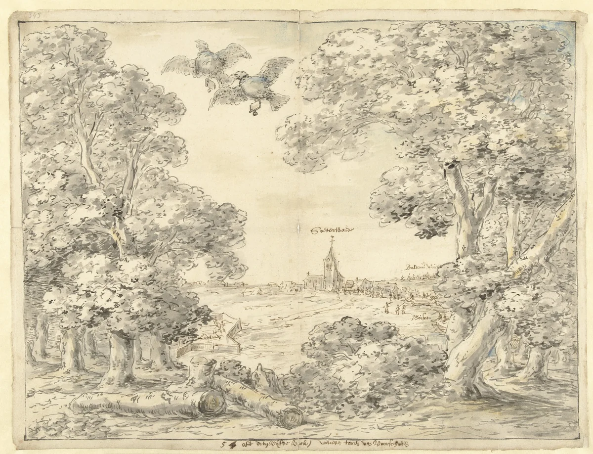 Gezicht op Zoeterwoude en de Lammerschans, 1574 by Leonaert Bramer, drawing, 1606-1674