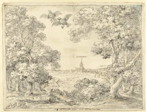Gezicht op Zoeterwoude en de Lammerschans, 1574 by Leonaert Bramer, drawing, 1606-1674