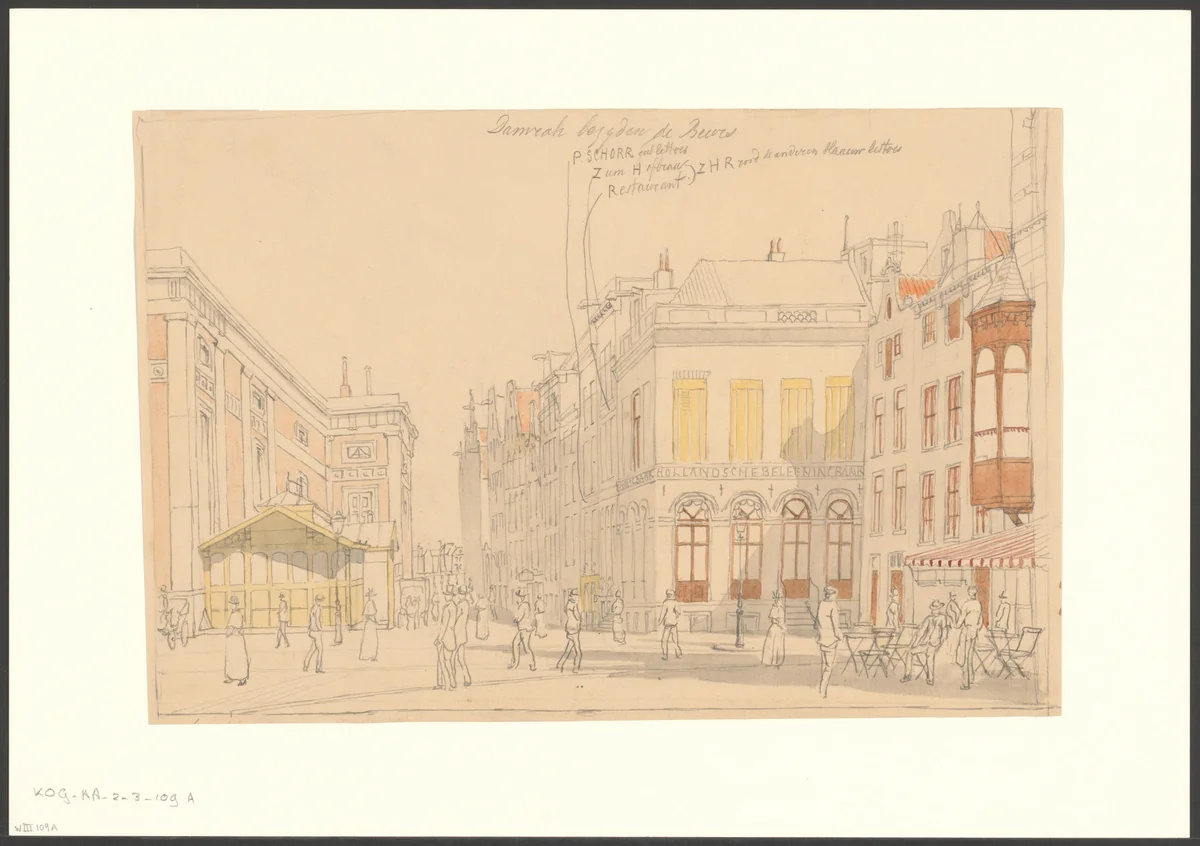 Gezicht op het Damrak naast de Beurs van Zocher by Johan Martinus Anthon Rieke, drawing, 1861-1899