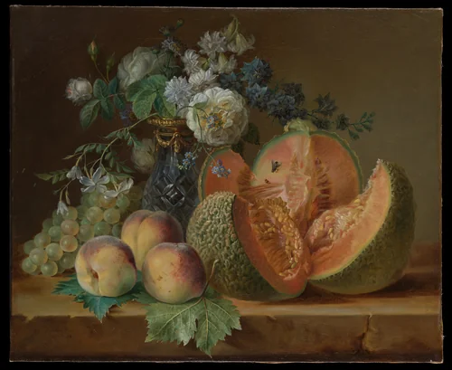 Still Life with a Vase of Flowers, Melon, Peaches, and Grapes by Charlotte Damas, painting, 1780