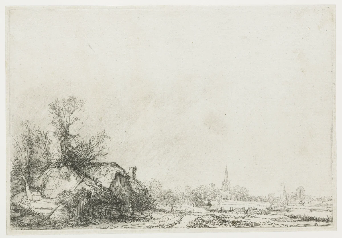 Boerderij aan een vaart: gezicht op Ouderkerk aan de Amstel by Rembrandt van Rijn, print, 1641
