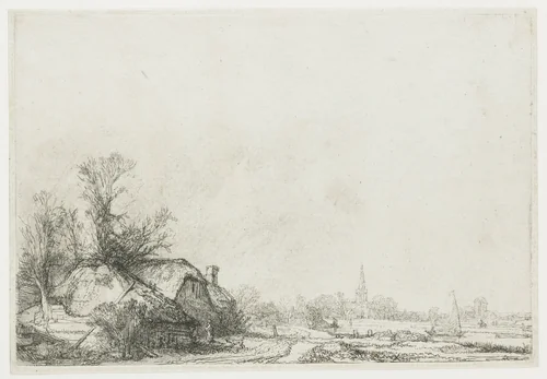 Boerderij aan een vaart: gezicht op Ouderkerk aan de Amstel by Rembrandt van Rijn, print, 1641
