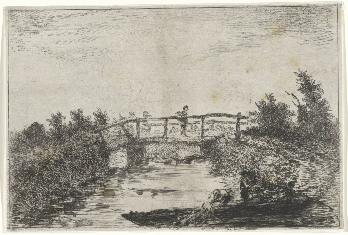 Landschap met brug by Arnoud Schaepkens, print, 1831-1904