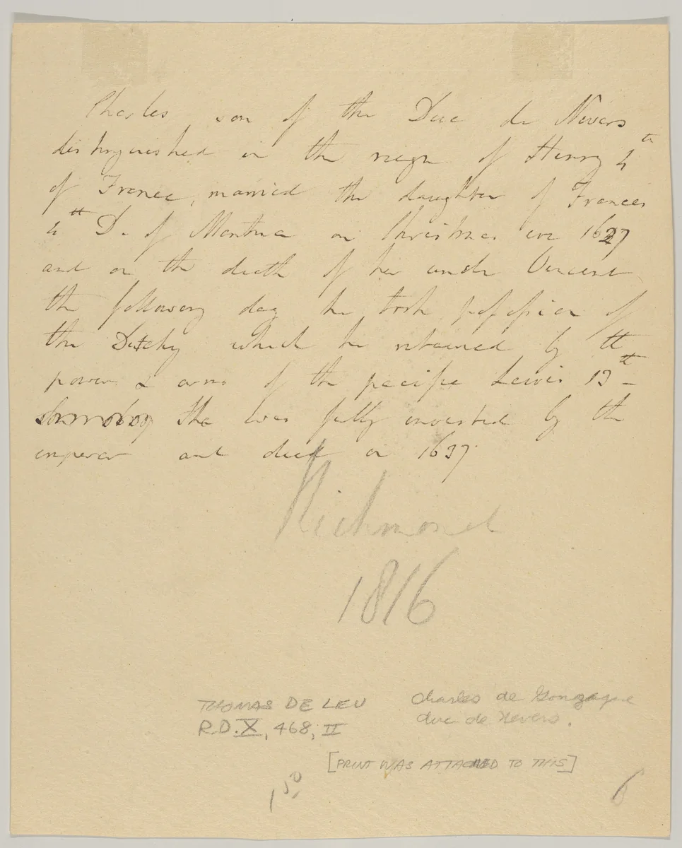 Charles de Gonzague, Duc de Nevers, attached letter by Thomas de Leu, print, 1560-1620