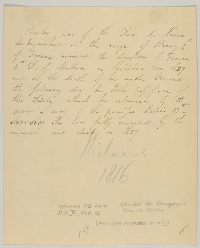 Charles de Gonzague, Duc de Nevers, attached letter by Thomas de Leu, print, 1560-1620