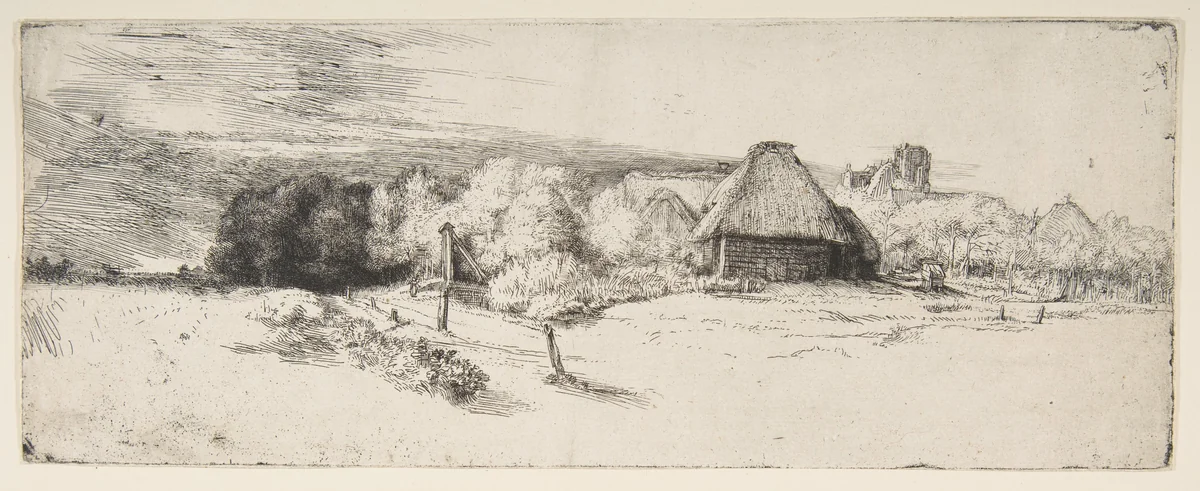 Landscape with Trees, Farm Buildings, and a Tower by Rembrandt van Rijn, print, 1646-1656