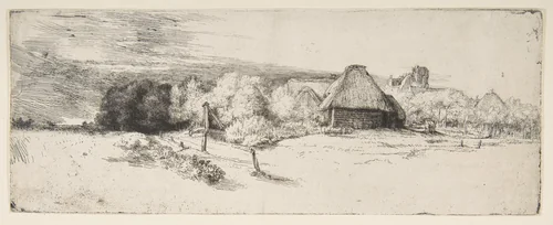 Landscape with Trees, Farm Buildings, and a Tower by Rembrandt van Rijn, print, 1646-1656