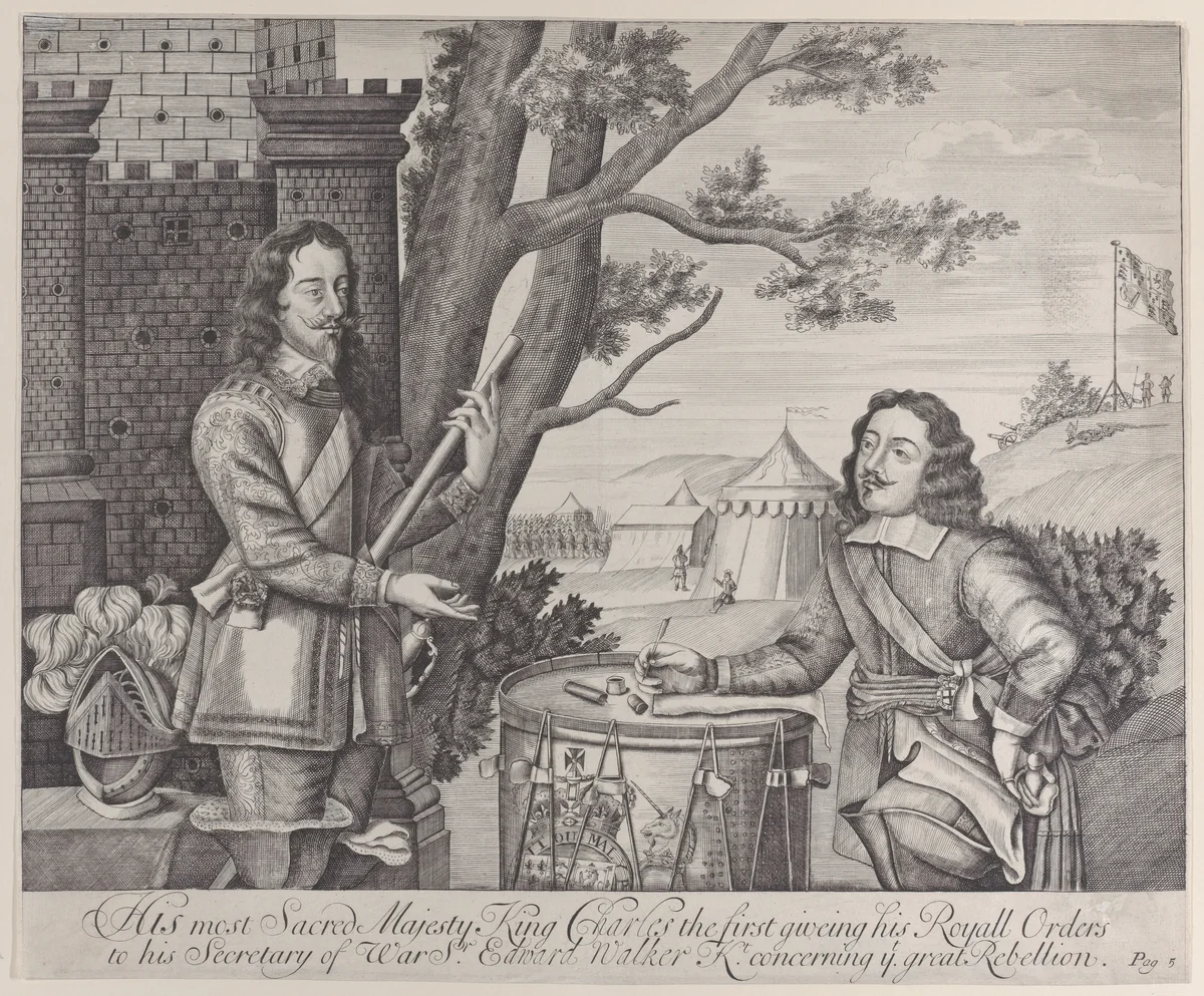His most Sacred Majesty King Charles the first giving his Royal Orders to his Secretary of War, Sir Edward Walker, Knight, concerning the great Rebellion by anonymous, print, 1705