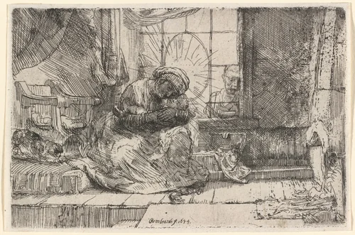 The Virgin and Child with the Cat and Snake by Rembrandt van Rijn, print, 1654