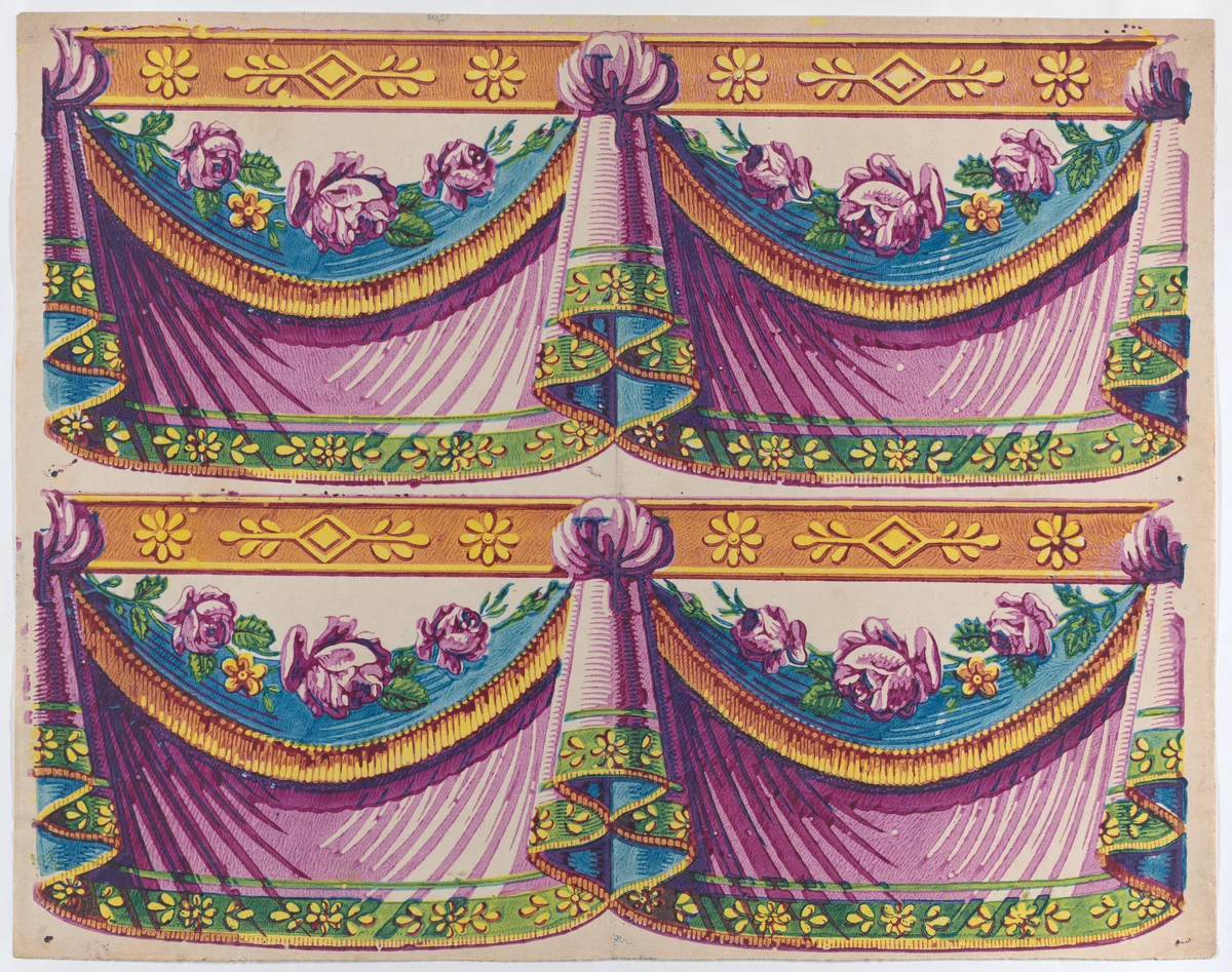 Sheet with two borders with purple drapery and floral designs by anonymous, print, 1775-1875