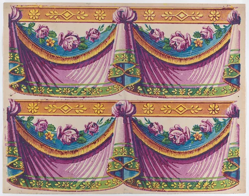 Sheet with two borders with purple drapery and floral designs by anonymous, print, 1775-1875