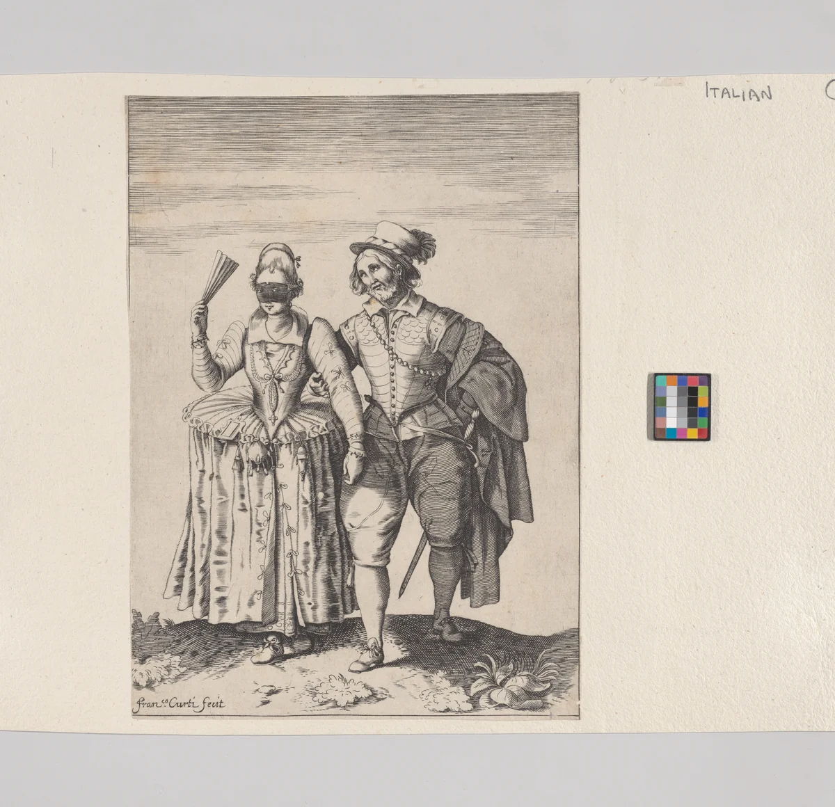 A couple walking, the woman at left wears a mask and carries a fan by Bernardino Curti, print, 1630-1679