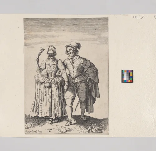 A couple walking, the woman at left wears a mask and carries a fan by Bernardino Curti, print, 1630-1679