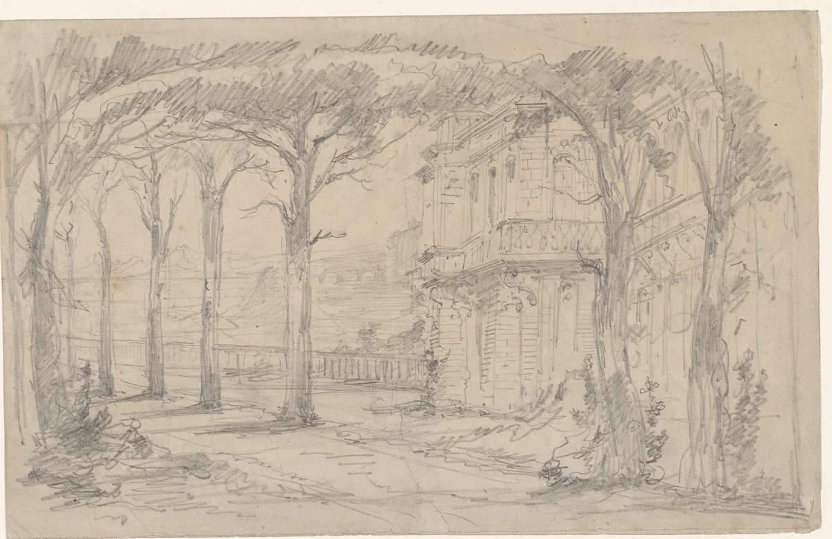 Huis achter een laan met bomen by Maxime François Antoine Lalanne, drawing, 1837-1886