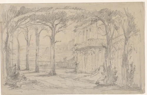 Huis achter een laan met bomen by Maxime François Antoine Lalanne, drawing, 1837-1886
