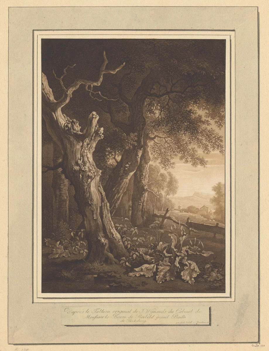 Landschap met verdorde eik aan de bosrand by Wilhelm Kobell, print, 1792