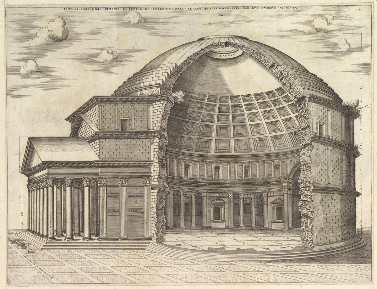 The Pantheon, broken away to show the interior, from "Speculum Romanae Magnificentiae" by anonymous, print, 1553