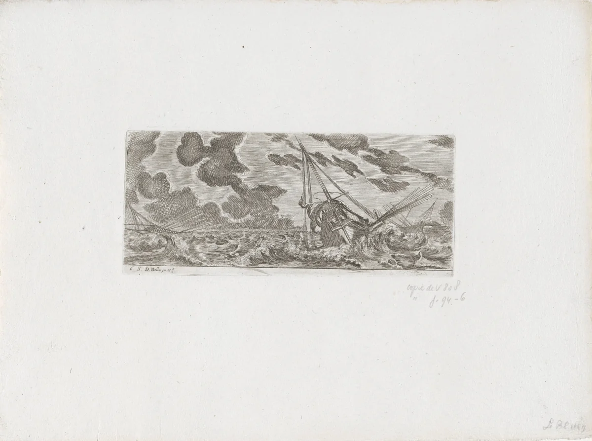 Galeien tijdens een storm op zee by Stefano della Bella, print, 1620-1664