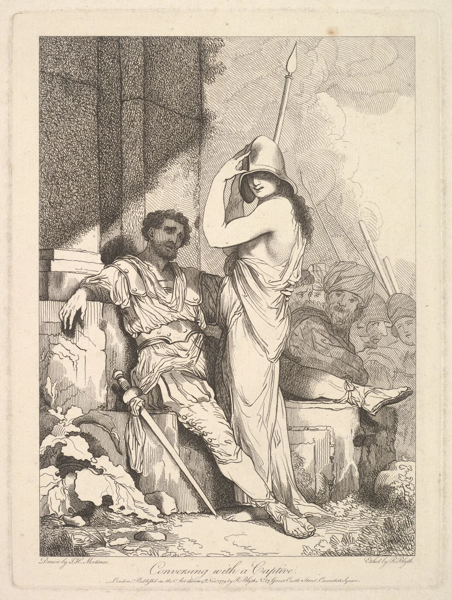 Conversing with a Captive, from "Banditti Variously Employed" by Robert Blyth, print, 1779