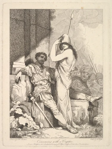 Conversing with a Captive, from "Banditti Variously Employed" by Robert Blyth, print, 1779
