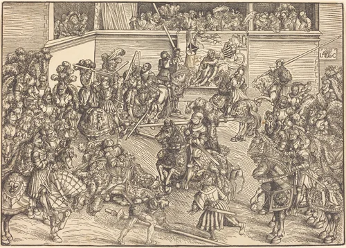 The Second Tournament with the Tapestry of Samson and the Lion by Lucas Cranach, print, 1509