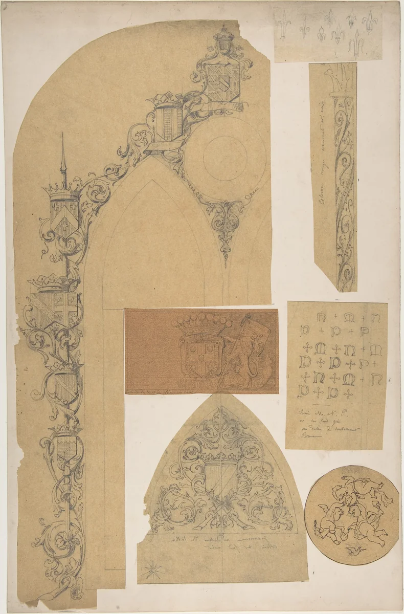 Seven Miscellaneous Designs for the de la Rochejaquelein Family by Jules-Edmond-Charles Lachaise, drawing, 1850-1900