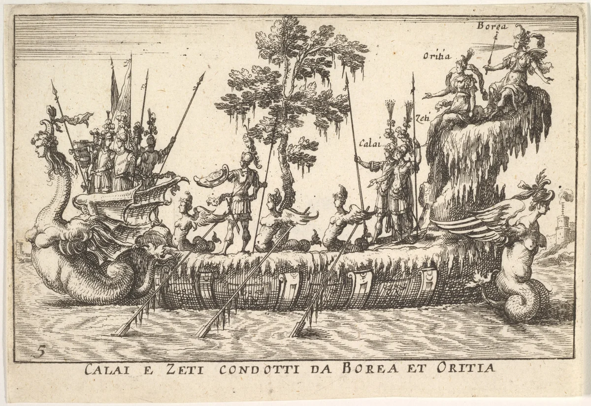 Calais and Zetes led by Boreas and Oreithyia (Calai e Zeti condotti da Borea et Oritia), from "The magnificent pageant on the river Arno in Florence for the marriage of the Grand Duke" (Le Magnifique carousel fait sur le fleuve de l'Arne a Florence, pour le mariage du Grand Duc) by anonymous, print, 1664