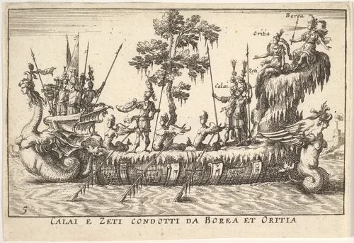 Calais and Zetes led by Boreas and Oreithyia (Calai e Zeti condotti da Borea et Oritia), from "The magnificent pageant on the river Arno in Florence for the marriage of the Grand Duke" (Le Magnifique carousel fait sur le fleuve de l'Arne a Florence, pour le mariage du Grand Duc) by anonymous, print, 1664