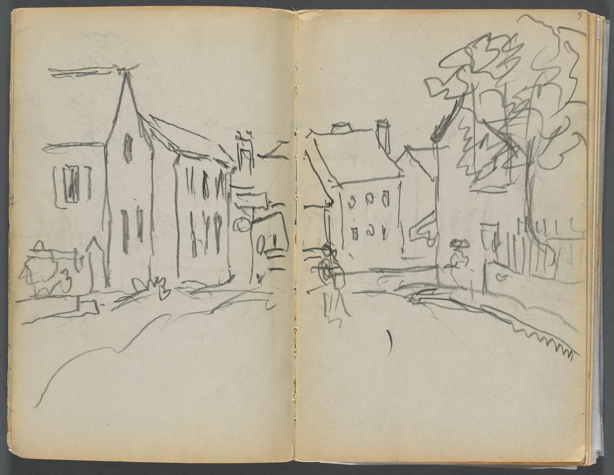 Sketchbook- The Granite Shore Hotel, Rockport, page 004 & 5: Street Scene by Maurice Prendergast, book, 1905-1910