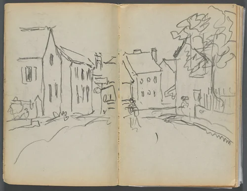 Sketchbook- The Granite Shore Hotel, Rockport, page 004 & 5: Street Scene by Maurice Prendergast, book, 1905-1910