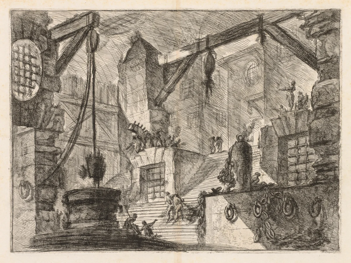 The Prisons: Colonnaded Interior with a Broad Stair by Giovanni Battista Piranesi, print, 1745-1750